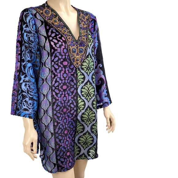 Soft Surroundings Boho Tunic Top Size Large Beaded Sequin V-Neck Velvet Burnout - Picture 5 of 9